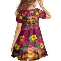 Hawaiian Turtle Love Couple Family Matching Short Sleeve Bodycon Dress and Hawaiian Shirt Ocean Serenade - Honu Honi Ihu with Hibiscus and Romantic Sunset Pink Color