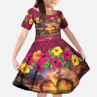 Hawaiian Turtle Love Couple Family Matching Summer Maxi Dress and Hawaiian Shirt Ocean Serenade - Honu Honi Ihu with Hibiscus and Romantic Sunset Pink Color LT03 Daughter's Dress Pink - Polynesian Pride