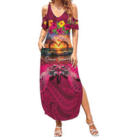 Hawaiian Turtle Love Couple Family Matching Summer Maxi Dress and Hawaiian Shirt Ocean Serenade - Honu Honi Ihu with Hibiscus and Romantic Sunset Pink Color LT03 Mom's Dress Pink - Polynesian Pride