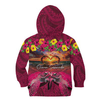 Hawaiian Turtle Love Couple Kid Hoodie Ocean Serenade - Honu Honi Ihu with Hibiscus and Romantic Sunset Pink Color LT03 - Polynesian Pride