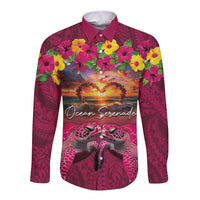Hawaiian Turtle Love Couple Long Sleeve Button Shirt Ocean Serenade - Honu Honi Ihu with Hibiscus and Romantic Sunset Pink Color LT03 Unisex Pink - Polynesian Pride