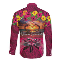 Hawaiian Turtle Love Couple Long Sleeve Button Shirt Ocean Serenade - Honu Honi Ihu with Hibiscus and Romantic Sunset Pink Color LT03 - Polynesian Pride