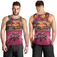 Hawaiian Turtle Love Couple Men Tank Top Ocean Serenade - Honu Honi Ihu with Hibiscus and Romantic Sunset Pink Color