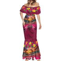 Hawaiian Turtle Love Couple Mermaid Dress Ocean Serenade - Honu Honi Ihu with Hibiscus and Romantic Sunset Pink Color LT03 - Polynesian Pride