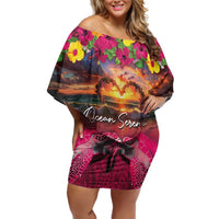 Hawaiian Turtle Love Couple Off Shoulder Short Dress Ocean Serenade - Honu Honi Ihu with Hibiscus and Romantic Sunset Pink Color LT03 Women Pink - Polynesian Pride