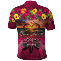 Hawaiian Turtle Love Couple Polo Shirt Ocean Serenade - Honu Honi Ihu with Hibiscus and Romantic Sunset Pink Color LT03 - Polynesian Pride