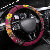 Hawaiian Turtle Love Couple Steering Wheel Cover Ocean Serenade - Honu Honi Ihu with Hibiscus and Romantic Sunset Pink Color LT03 Universal Fit Pink - Polynesian Pride