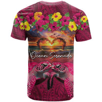 Hawaiian Turtle Love Couple T Shirt Ocean Serenade - Honu Honi Ihu with Hibiscus and Romantic Sunset Pink Color LT03 - Polynesian Pride