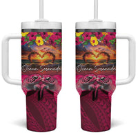 Hawaiian Turtle Love Couple Tumbler With Handle Ocean Serenade - Honu Honi Ihu with Hibiscus and Romantic Sunset Pink Color LT03 One Size: 40 oz Pink - Polynesian Pride