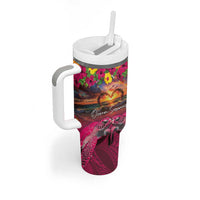Hawaiian Turtle Love Couple Tumbler With Handle Ocean Serenade - Honu Honi Ihu with Hibiscus and Romantic Sunset Pink Color LT03 - Polynesian Pride