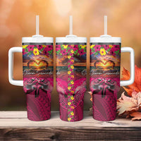 Hawaiian Turtle Love Couple Tumbler With Handle Ocean Serenade - Honu Honi Ihu with Hibiscus and Romantic Sunset Pink Color LT03 - Polynesian Pride