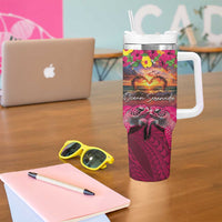 Hawaiian Turtle Love Couple Tumbler With Handle Ocean Serenade - Honu Honi Ihu with Hibiscus and Romantic Sunset Pink Color LT03 - Polynesian Pride