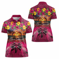 Hawaiian Turtle Love Couple Women Polo Shirt Ocean Serenade - Honu Honi Ihu with Hibiscus and Romantic Sunset Pink Color LT03 - Polynesian Pride