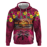 Hawaiian Turtle Love Couple Zip Hoodie Ocean Serenade - Honu Honi Ihu with Hibiscus and Romantic Sunset Pink Color LT03 Pullover Hoodie Pink - Polynesian Pride