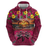 Hawaiian Turtle Love Couple Zip Hoodie Ocean Serenade - Honu Honi Ihu with Hibiscus and Romantic Sunset Pink Color LT03 - Polynesian Pride