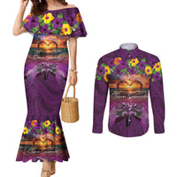Hawaiian Turtle Love Couple Couples Matching Mermaid Dress and Long Sleeve Button Shirt Ocean Serenade - Honu Honi Ihu with Hibiscus and Romantic Sunset Purple Color LT03 Purple - Polynesian Pride