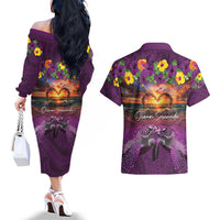 Hawaiian Turtle Love Couple Couples Matching Off The Shoulder Long Sleeve Dress and Hawaiian Shirt Ocean Serenade - Honu Honi Ihu with Hibiscus and Romantic Sunset Purple Color LT03 - Polynesian Pride