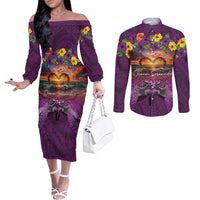 Hawaiian Turtle Love Couple Couples Matching Off The Shoulder Long Sleeve Dress and Long Sleeve Button Shirt Ocean Serenade - Honu Honi Ihu with Hibiscus and Romantic Sunset Purple Color LT03 Purple - Polynesian Pride