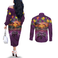 Hawaiian Turtle Love Couple Couples Matching Off The Shoulder Long Sleeve Dress and Long Sleeve Button Shirt Ocean Serenade - Honu Honi Ihu with Hibiscus and Romantic Sunset Purple Color LT03 - Polynesian Pride