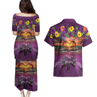 Hawaiian Turtle Love Couple Couples Matching Puletasi and Hawaiian Shirt Ocean Serenade - Honu Honi Ihu with Hibiscus and Romantic Sunset Purple Color LT03 - Polynesian Pride