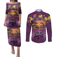 Hawaiian Turtle Love Couple Couples Matching Puletasi and Long Sleeve Button Shirt Ocean Serenade - Honu Honi Ihu with Hibiscus and Romantic Sunset Purple Color LT03 Purple - Polynesian Pride