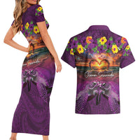 Hawaiian Turtle Love Couple Couples Matching Short Sleeve Bodycon Dress and Hawaiian Shirt Ocean Serenade - Honu Honi Ihu with Hibiscus and Romantic Sunset Purple Color LT03 - Polynesian Pride