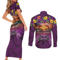 Hawaiian Turtle Love Couple Couples Matching Short Sleeve Bodycon Dress and Long Sleeve Button Shirt Ocean Serenade - Honu Honi Ihu with Hibiscus and Romantic Sunset Purple Color LT03 - Polynesian Pride