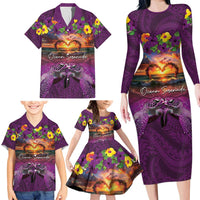 Hawaiian Turtle Love Couple Family Matching Long Sleeve Bodycon Dress and Hawaiian Shirt Ocean Serenade - Honu Honi Ihu with Hibiscus and Romantic Sunset Purple Color LT03 - Polynesian Pride