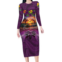 Hawaiian Turtle Love Couple Family Matching Long Sleeve Bodycon Dress and Hawaiian Shirt Ocean Serenade - Honu Honi Ihu with Hibiscus and Romantic Sunset Purple Color LT03 Mom's Dress Purple - Polynesian Pride