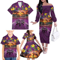 Hawaiian Turtle Love Couple Family Matching Off The Shoulder Long Sleeve Dress and Hawaiian Shirt Ocean Serenade - Honu Honi Ihu with Hibiscus and Romantic Sunset Purple Color LT03 - Polynesian Pride