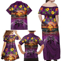 Hawaiian Turtle Love Couple Family Matching Off Shoulder Maxi Dress and Hawaiian Shirt Ocean Serenade - Honu Honi Ihu with Hibiscus and Romantic Sunset Purple Color LT03 - Polynesian Pride