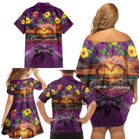Hawaiian Turtle Love Couple Family Matching Off Shoulder Short Dress and Hawaiian Shirt Ocean Serenade - Honu Honi Ihu with Hibiscus and Romantic Sunset Purple Color LT03 - Polynesian Pride