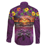 Hawaiian Turtle Love Couple Family Matching Off Shoulder Short Dress and Hawaiian Shirt Ocean Serenade - Honu Honi Ihu with Hibiscus and Romantic Sunset Purple Color LT03 - Polynesian Pride
