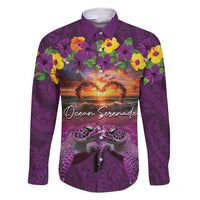Hawaiian Turtle Love Couple Family Matching Short Sleeve Bodycon Dress and Hawaiian Shirt Ocean Serenade - Honu Honi Ihu with Hibiscus and Romantic Sunset Purple Color