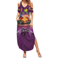 Hawaiian Turtle Love Couple Family Matching Summer Maxi Dress and Hawaiian Shirt Ocean Serenade - Honu Honi Ihu with Hibiscus and Romantic Sunset Purple Color LT03 Mom's Dress Purple - Polynesian Pride