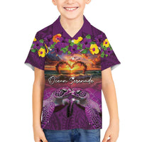 Hawaiian Turtle Love Couple Family Matching Tank Maxi Dress and Hawaiian Shirt Ocean Serenade - Honu Honi Ihu with Hibiscus and Romantic Sunset Purple Color LT03 Son's Shirt Purple - Polynesian Pride