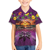 Hawaiian Turtle Love Couple Hawaiian Shirt Ocean Serenade - Honu Honi Ihu with Hibiscus and Romantic Sunset Purple Color LT03 - Polynesian Pride