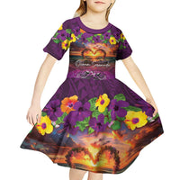 Hawaiian Turtle Love Couple Kid Short Sleeve Dress Ocean Serenade - Honu Honi Ihu with Hibiscus and Romantic Sunset Purple Color LT03 - Polynesian Pride