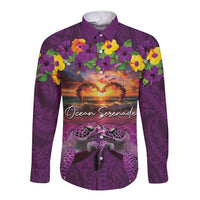 Hawaiian Turtle Love Couple Long Sleeve Button Shirt Ocean Serenade - Honu Honi Ihu with Hibiscus and Romantic Sunset Purple Color LT03 Unisex Purple - Polynesian Pride