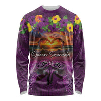 Hawaiian Turtle Love Couple Long Sleeve Shirt Ocean Serenade - Honu Honi Ihu with Hibiscus and Romantic Sunset Purple Color LT03 Unisex Purple - Polynesian Pride