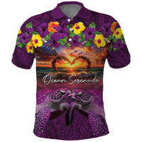 Hawaiian Turtle Love Couple Polo Shirt Ocean Serenade - Honu Honi Ihu with Hibiscus and Romantic Sunset Purple Color LT03 Purple - Polynesian Pride