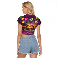 Hawaiian Turtle Love Couple Raglan Cropped T Shirt Ocean Serenade - Honu Honi Ihu with Hibiscus and Romantic Sunset Purple Color