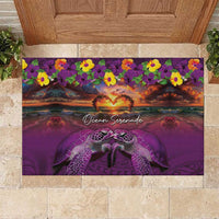 Hawaiian Turtle Love Couple Rubber Doormat Ocean Serenade - Honu Honi Ihu with Hibiscus and Romantic Sunset Purple Color LT03 Purple - Polynesian Pride
