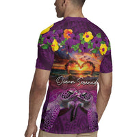 Hawaiian Turtle Love Couple Rugby Jersey Ocean Serenade - Honu Honi Ihu with Hibiscus and Romantic Sunset Purple Color LT03 - Polynesian Pride