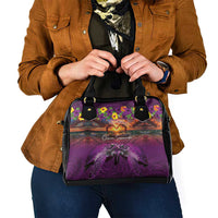 Hawaiian Turtle Love Couple Shoulder Handbag Ocean Serenade - Honu Honi Ihu with Hibiscus and Romantic Sunset Purple Color LT03 - Polynesian Pride