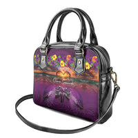 Hawaiian Turtle Love Couple Shoulder Handbag Ocean Serenade - Honu Honi Ihu with Hibiscus and Romantic Sunset Purple Color LT03 - Polynesian Pride