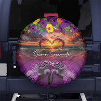 Hawaiian Turtle Love Couple Spare Tire Cover Ocean Serenade - Honu Honi Ihu with Hibiscus and Romantic Sunset Purple Color LT03 - Polynesian Pride