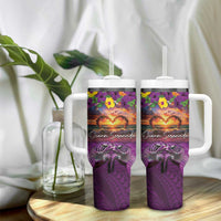 Hawaiian Turtle Love Couple Tumbler With Handle Ocean Serenade - Honu Honi Ihu with Hibiscus and Romantic Sunset Purple Color LT03 - Polynesian Pride