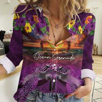 Hawaiian Turtle Love Couple Women Casual Shirt Ocean Serenade - Honu Honi Ihu with Hibiscus and Romantic Sunset Purple Color LT03 Female Purple - Polynesian Pride