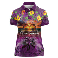 Hawaiian Turtle Love Couple Women Polo Shirt Ocean Serenade - Honu Honi Ihu with Hibiscus and Romantic Sunset Purple Color LT03 Female Purple - Polynesian Pride